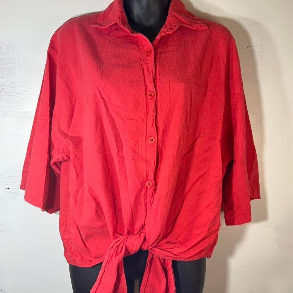 Vintage 80s Renata pink button shirt with tie up ends, quirky kitschy momcore
